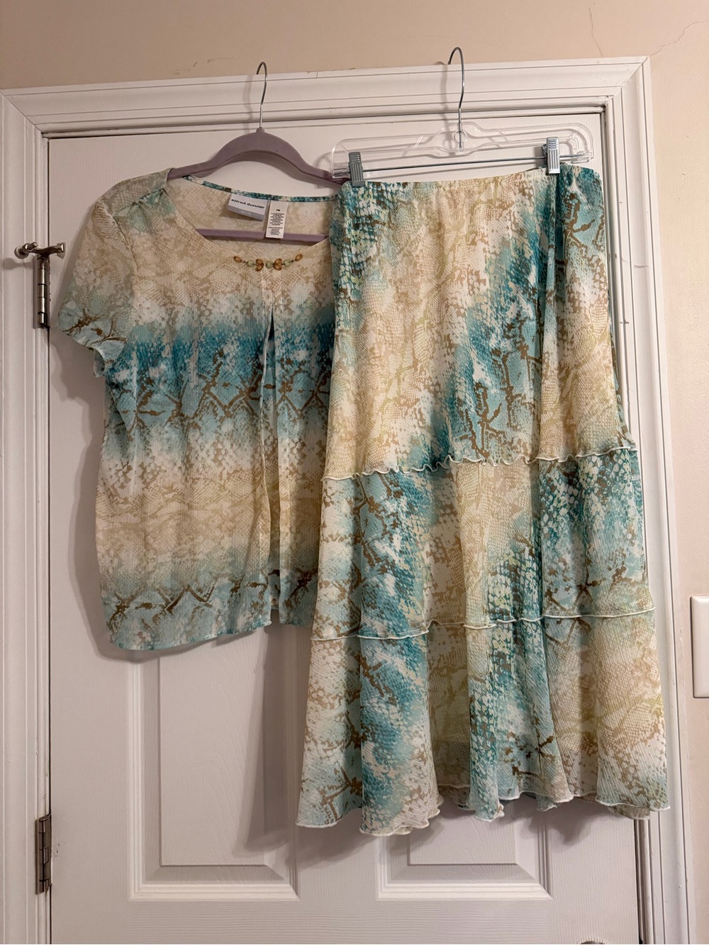 Alfred Dunner Teal, Cream and Tan Snake-Print Two-Piece Skirt Set